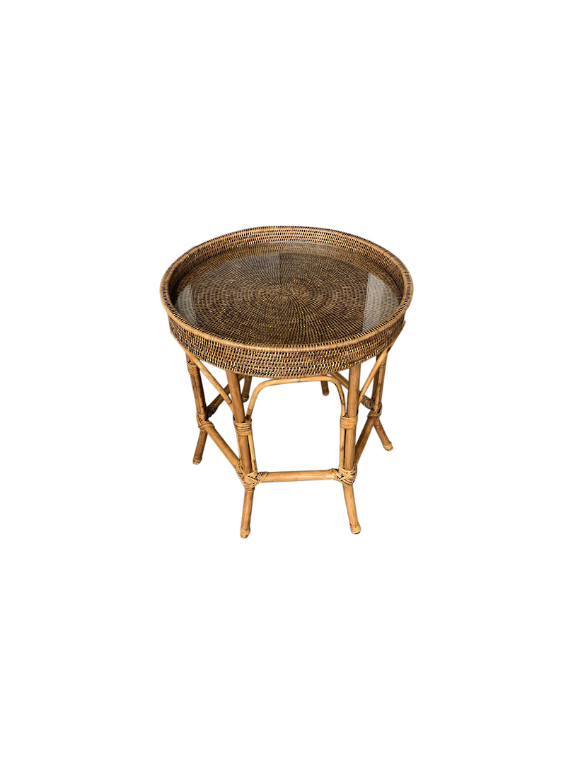 RATTAN COLONIAL ROUND SIDE TABLE WITH GLASS INSERT image 1